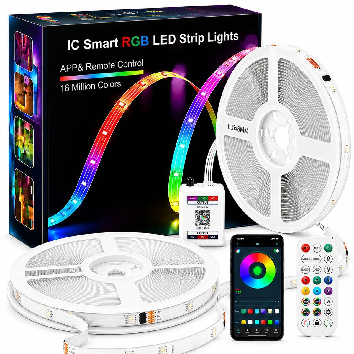 White LED strip light kit on a reel, 100 feet total with controller and manual