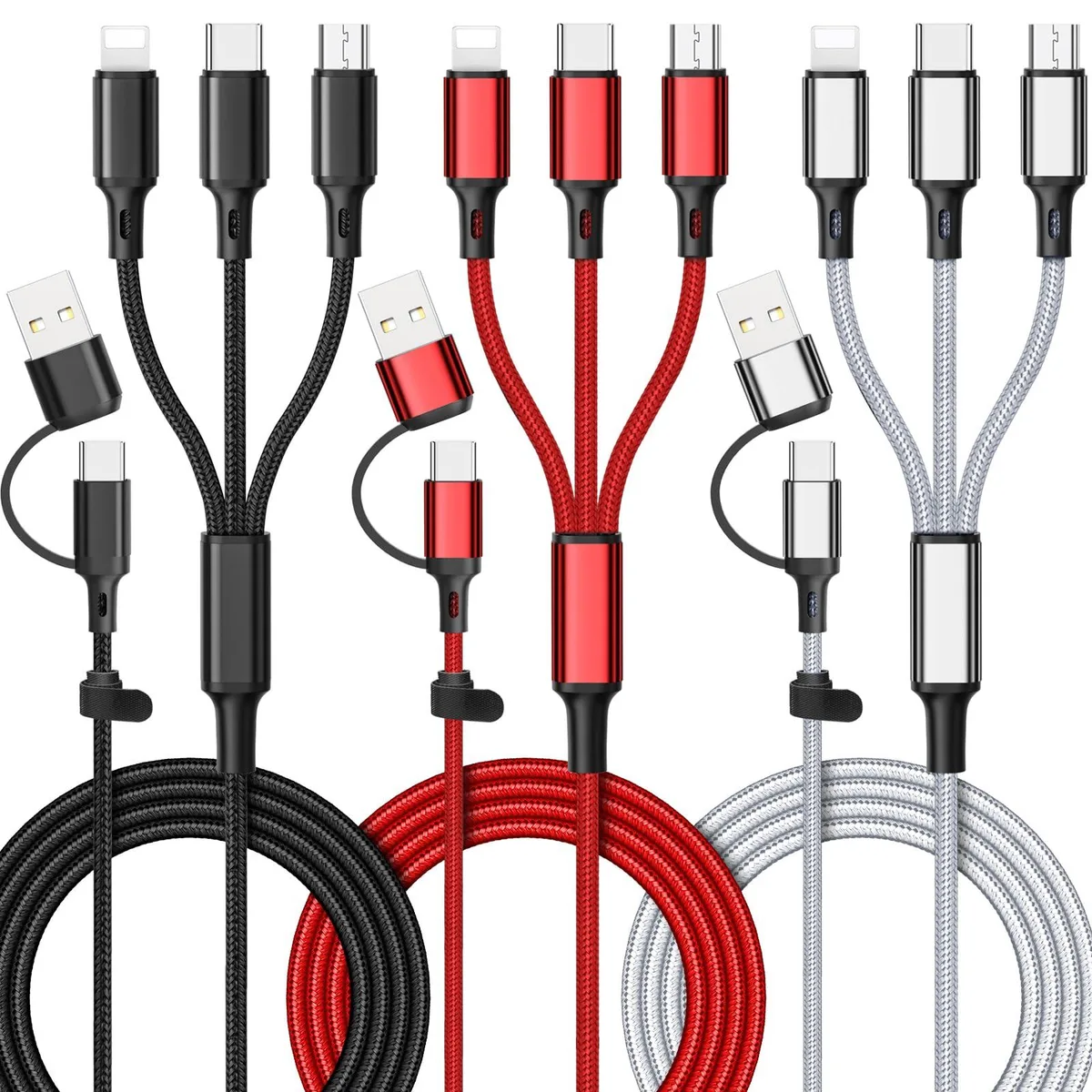 No Sew No Sew 6-in-1 Multi Charging Cable 3-Pack 4ft USB-A/C to i-Product/Type-C/Micro-USB — product photo