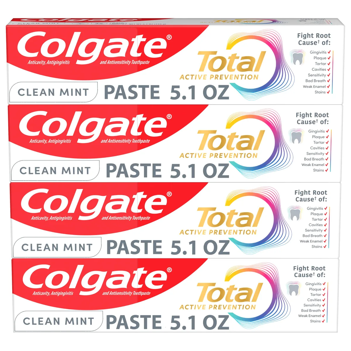 Four 5.1 oz white toothpaste tubes with blue caps standing upright