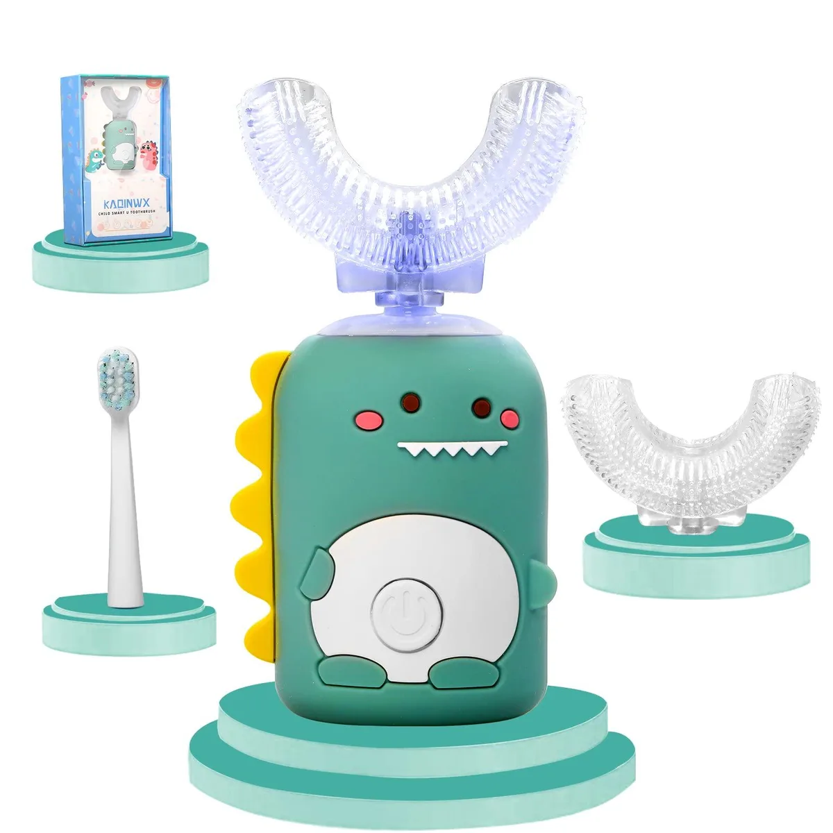 Green U-shaped silicone toothbrush with dinosaur design
