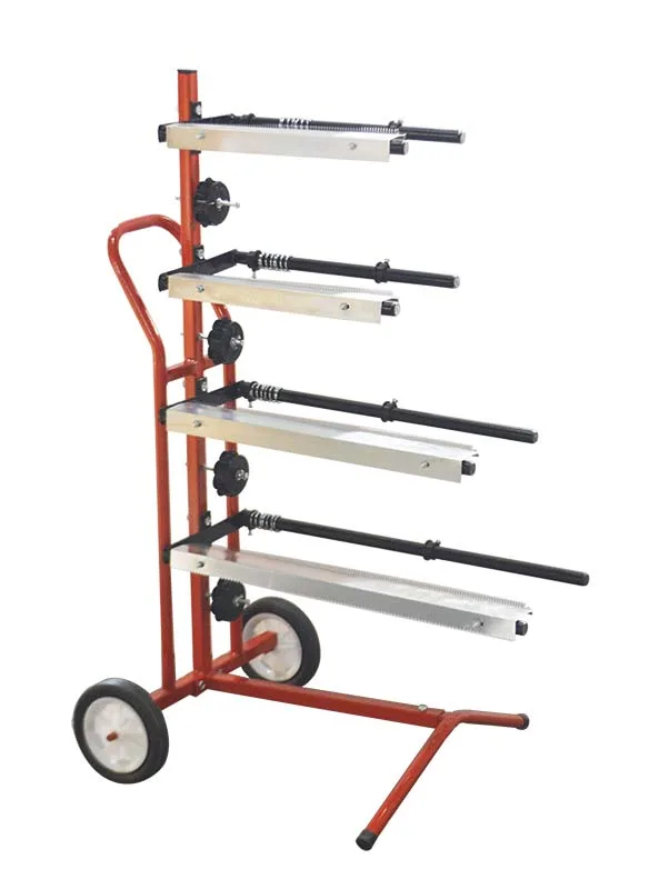 Mobile masking paper dispenser on wheels, cast finish, four frame holders, steel cutting blade