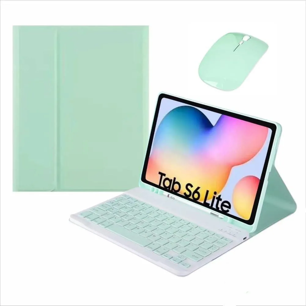 Mint green protective case with detachable Bluetooth keyboard and mouse, adjustable stand and pencil slot for 11 inch tablet