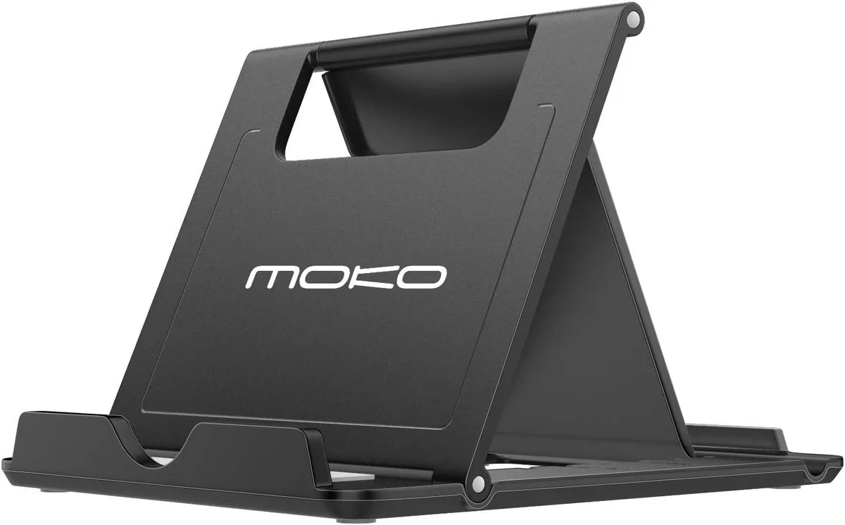 Black foldable desktop stand for phones and tablets, flat when folded
