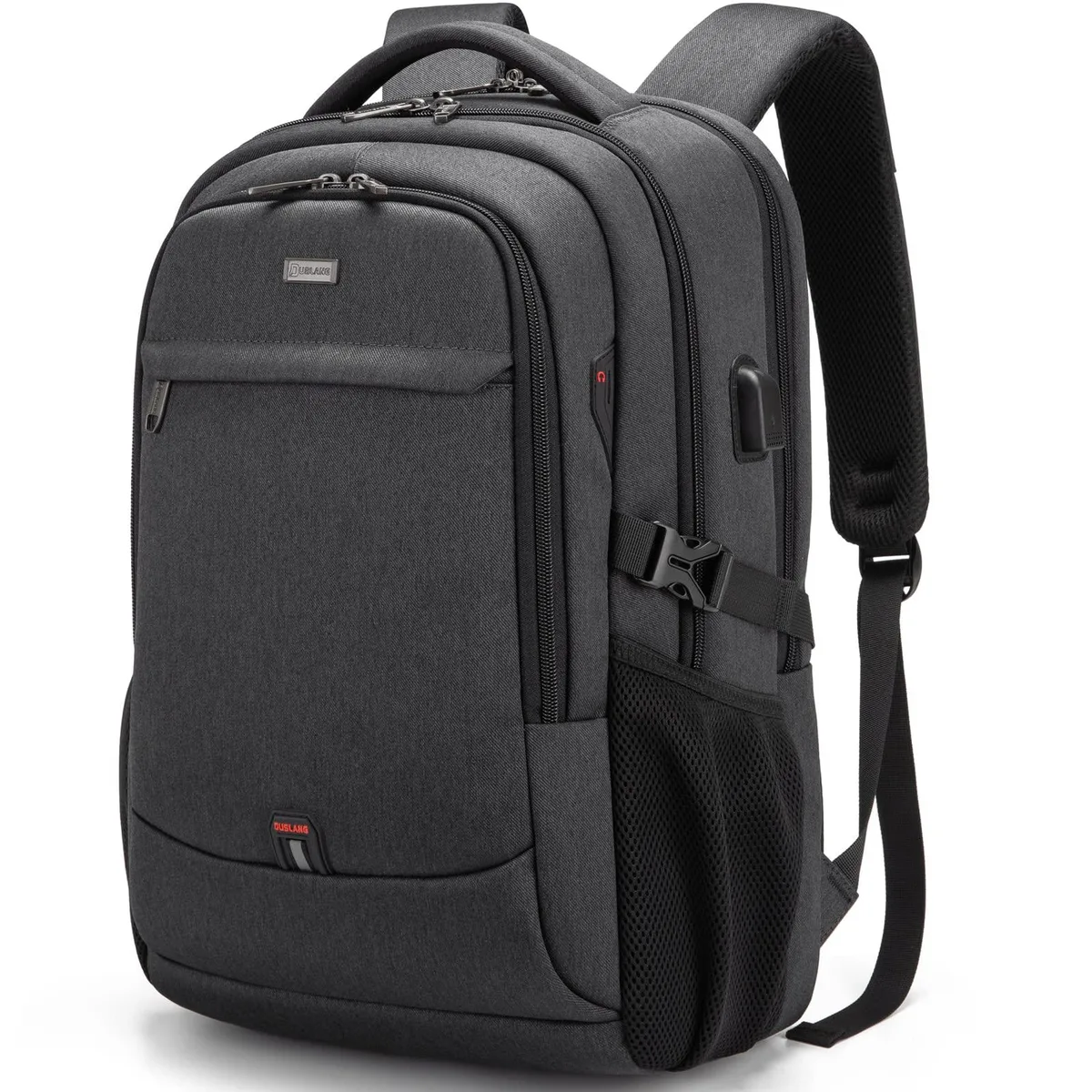 Beige polyester laptop backpack with padded straps and top handle