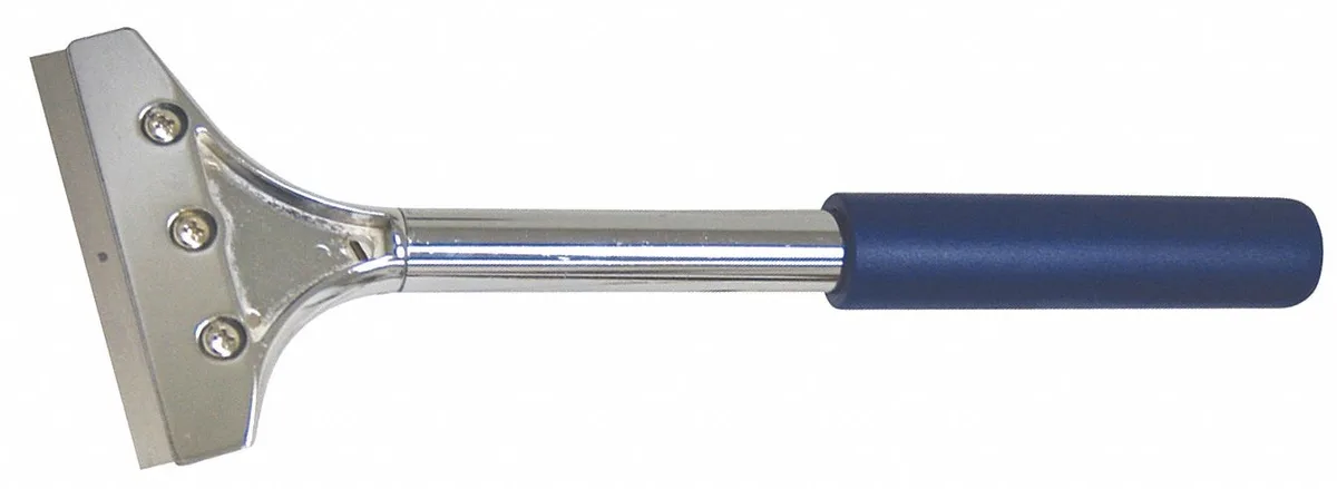 Blue and silver wall scraper with rubber grip handle and angled carbon steel blade