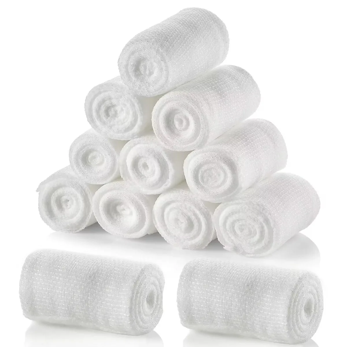 Twelve individually wrapped white gauze rolls, 4 inch by 4.9 yards
