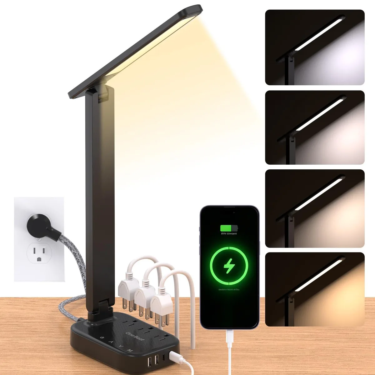 DNBeffulgent DNBeffulgent LED Desk Lamp Power Strip 3 Outlets 4 USB Ports Black — product photo