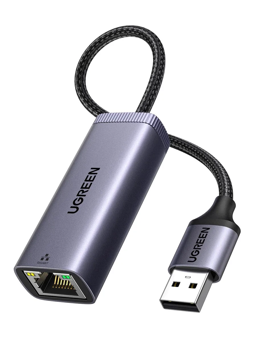 Grey and black USB 3.0 to Gigabit Ethernet adapter with braided cable and aluminium shell