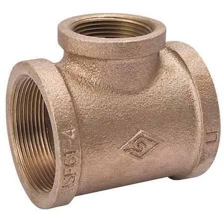Red brass reducing tee with three female threaded ports