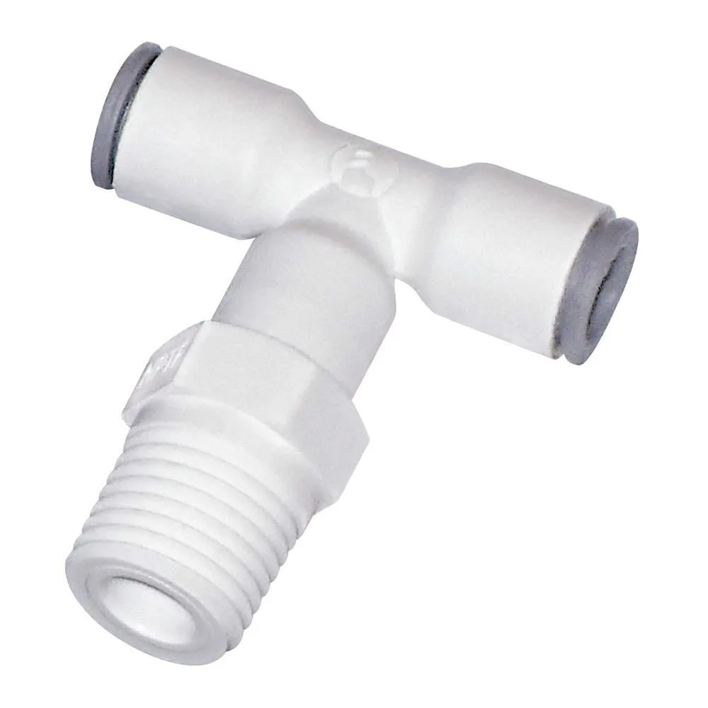 White nylon push-fit tee fitting with three 3/8 inch connections