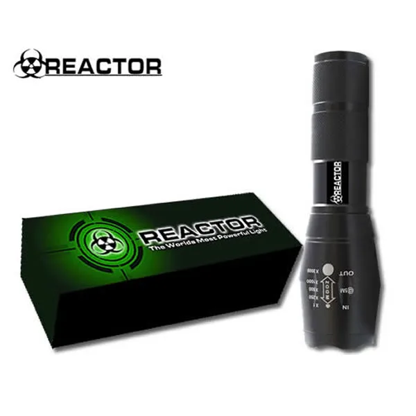 Black cylindrical flashlight with textured grip and zoomable head