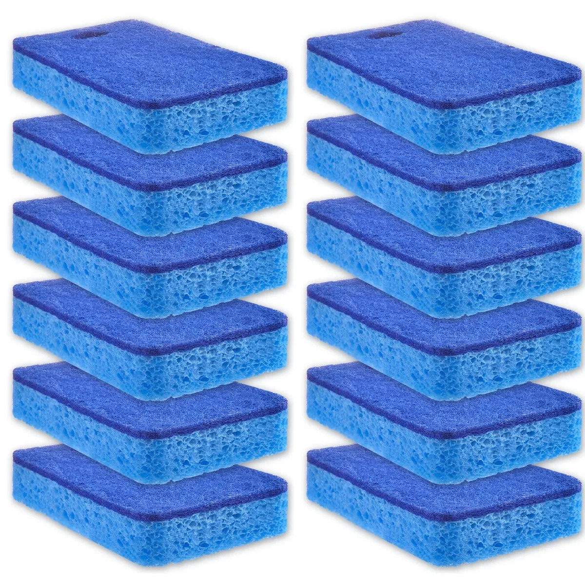 Twelve blue square dual-sided scrub sponges 4.3 by 2.7 inches