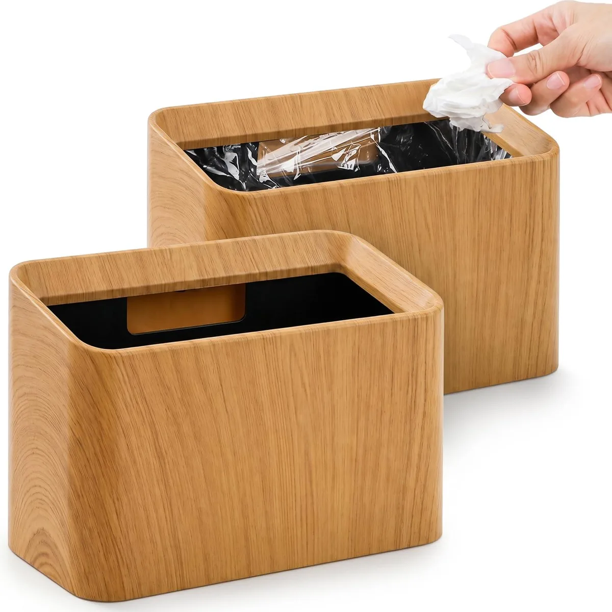 Three white rectangular mini desk bins with wood grain finish