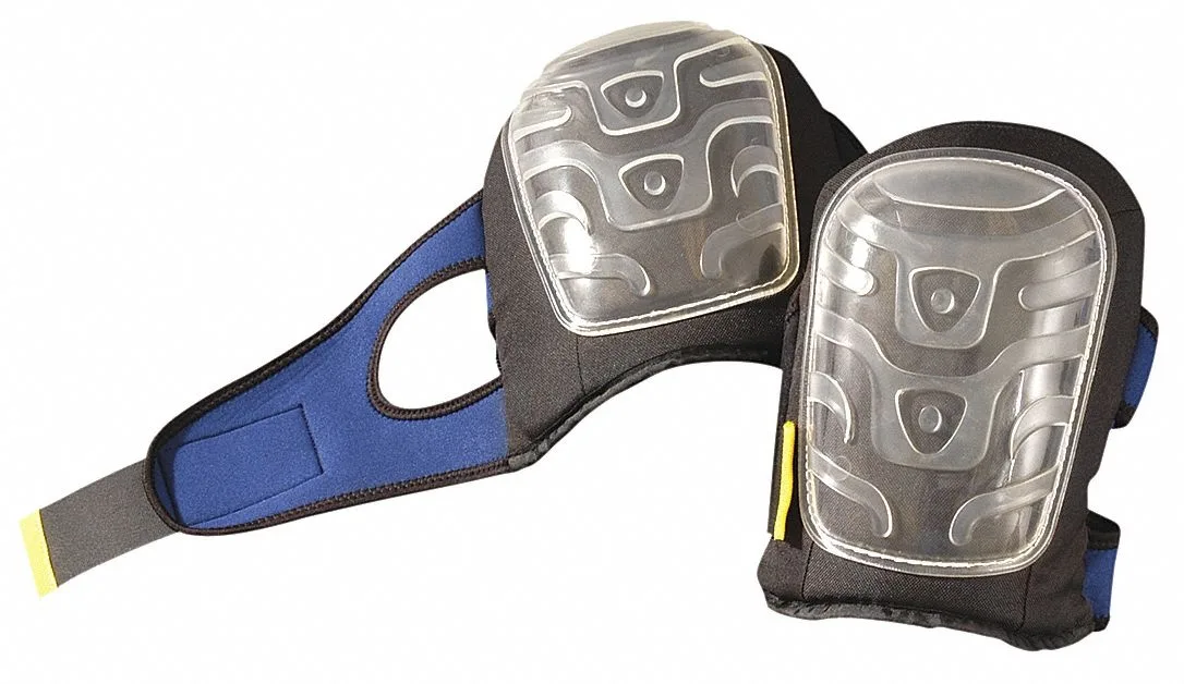 Black and blue gel knee pads with hook-and-loop strap