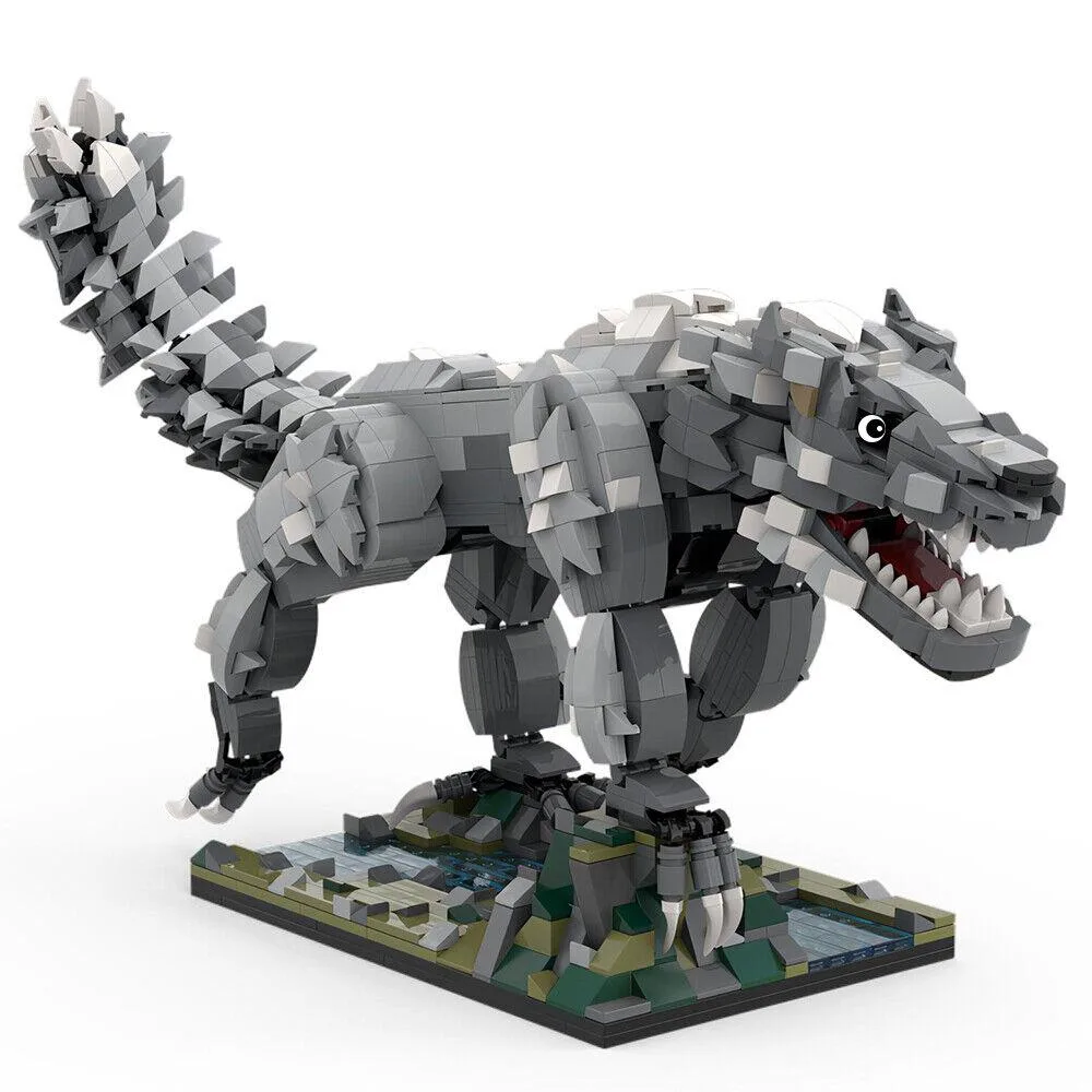Colourful plastic building bricks forming a large wolf creature model, 1446 pieces