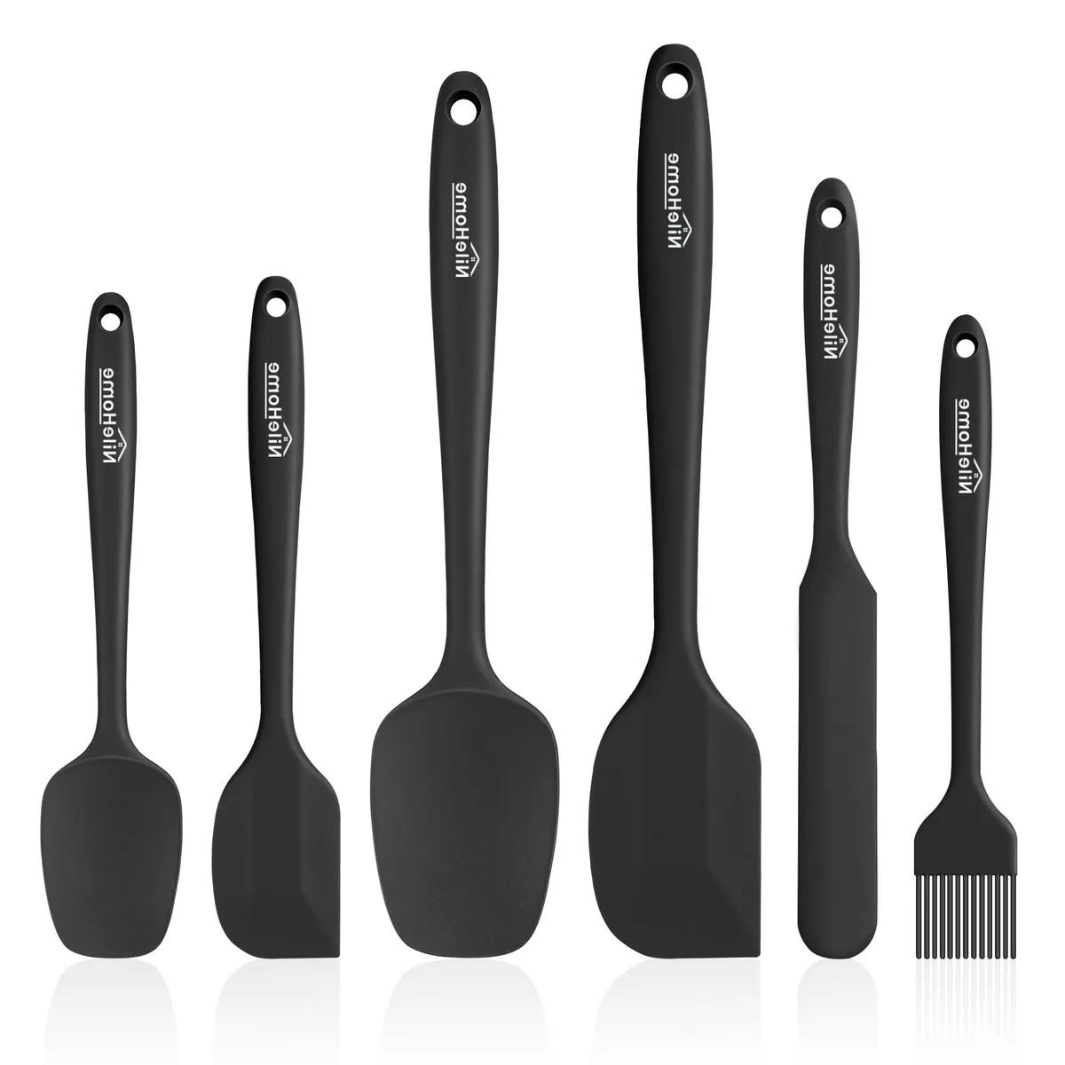 Six silver silicone spatulas with stainless steel handles, rectangular heads, hanging holes