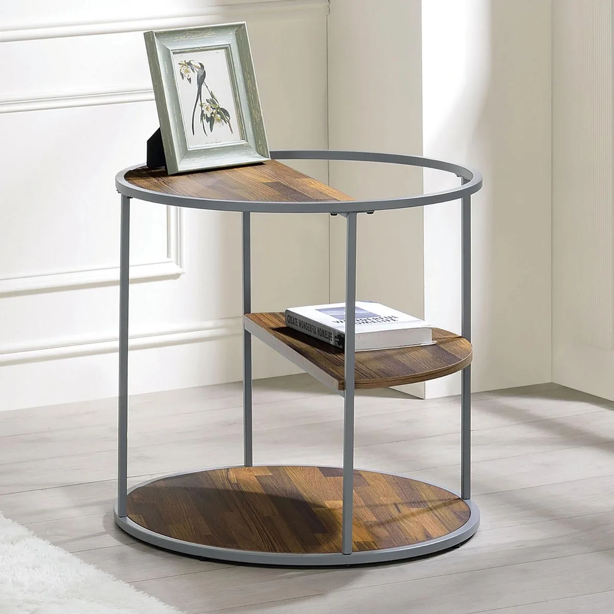 tuphen tuphen Industrial End Table Gray Walnut 3-Tier Half Shelf — product photo
