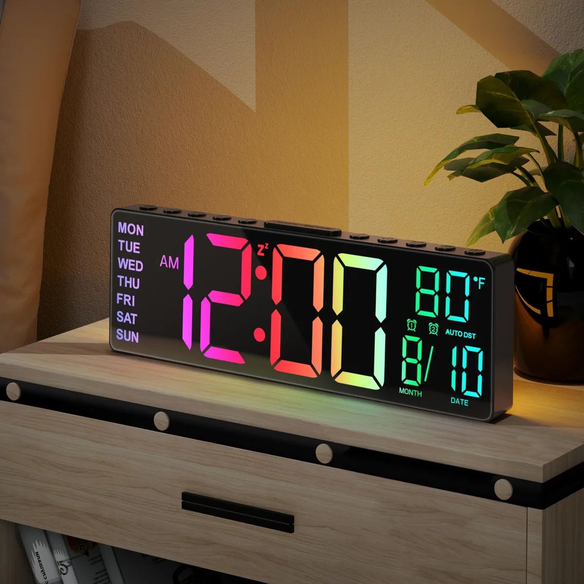 Black rectangular digital alarm clock with large 10.5-inch LED display showing time temperature date day of week