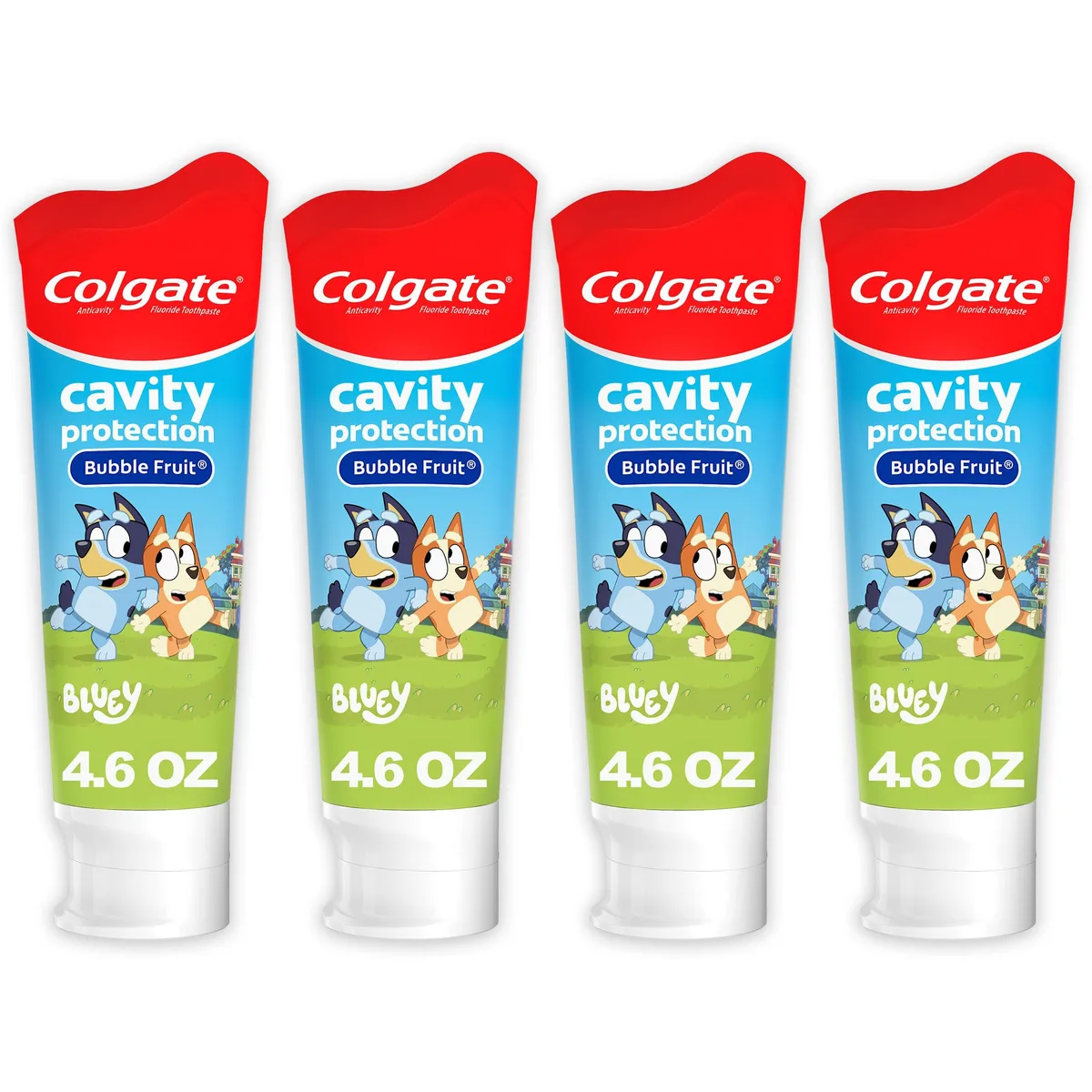 Four blue and white stand-up tubes with flip-top caps, each 4.6 oz, in a cardboard sleeve
