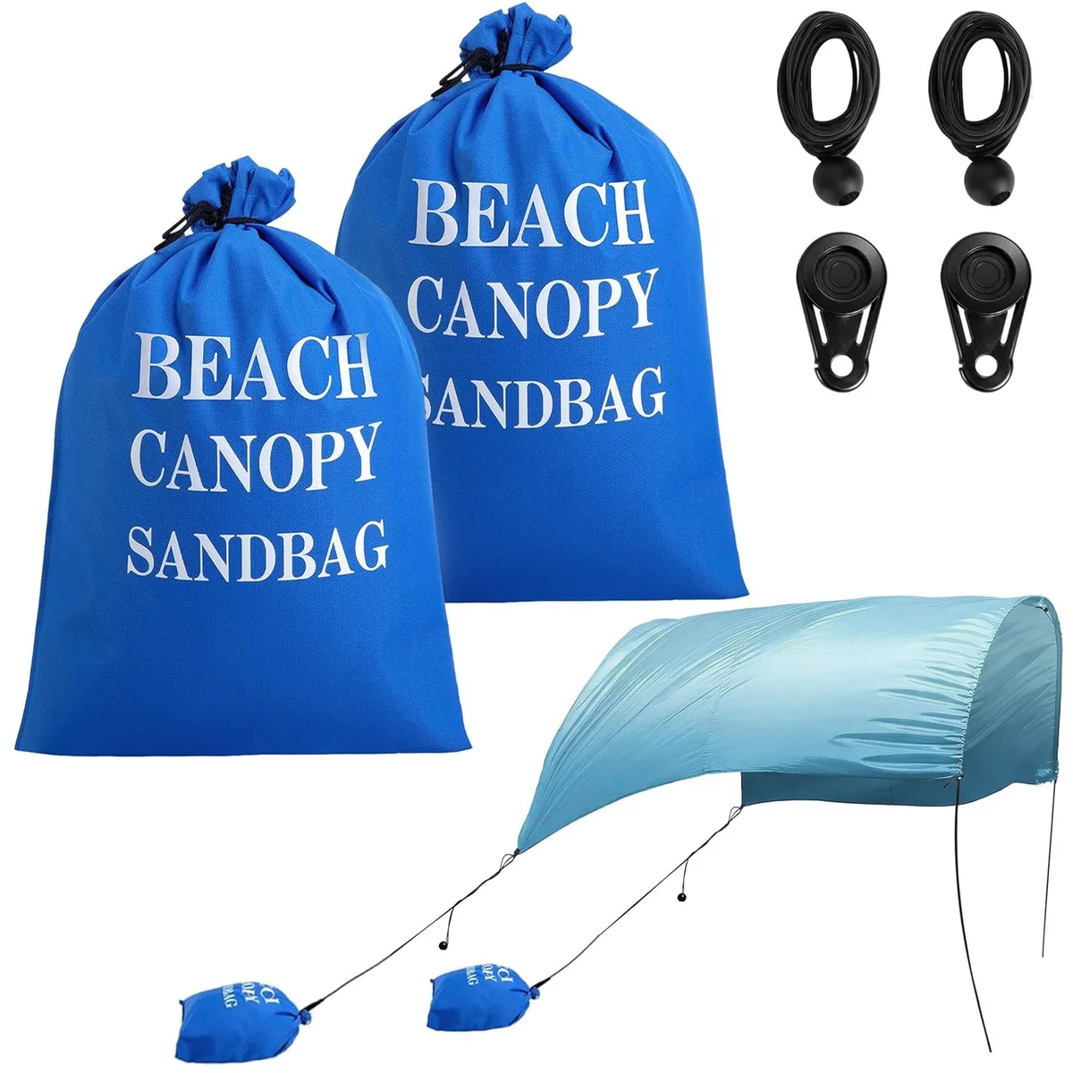 Two blue 600D Oxford fabric sandbags with drawstrings, elastic ropes and fixing clamps