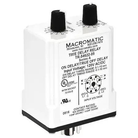 Small rectangular relay with octal base, eight flat pins, grey enclosure, potentiometer dial on top