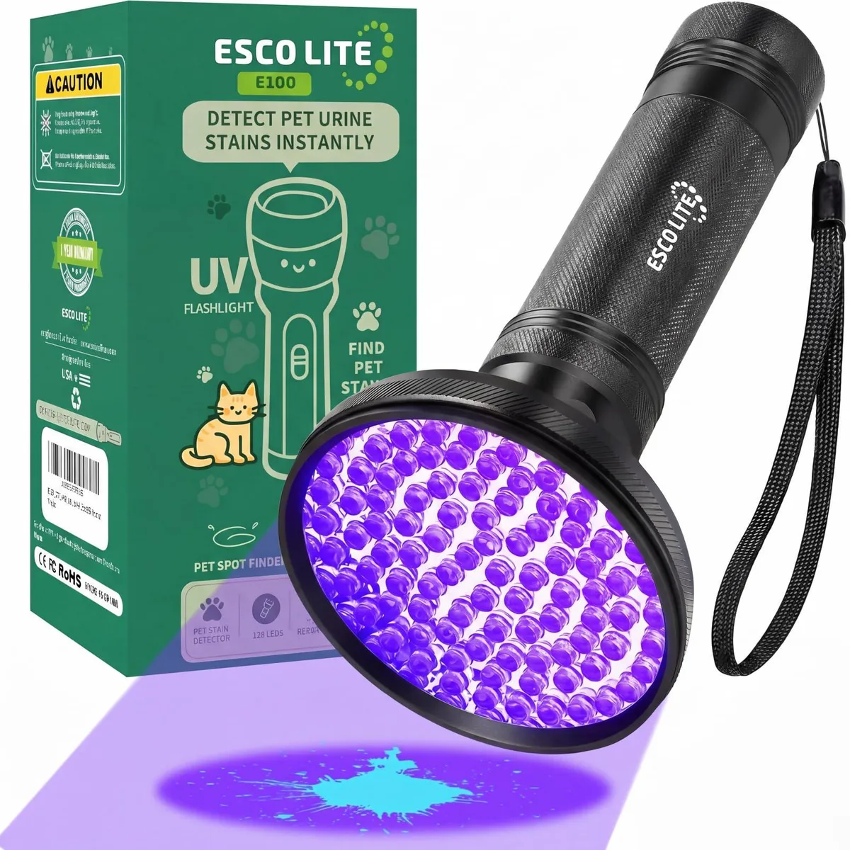 Black rectangular aluminium UV flashlight, 100 LEDs, 236 grams