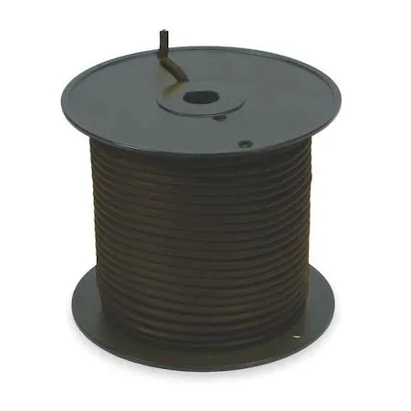 Black rubber SEOW cord with four stranded conductors visible in cross-section, 14 AWG, 250 ft length, .57 in diameter, 600 V rating
