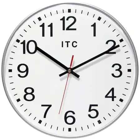 Silver wall clock with round face and slender frame