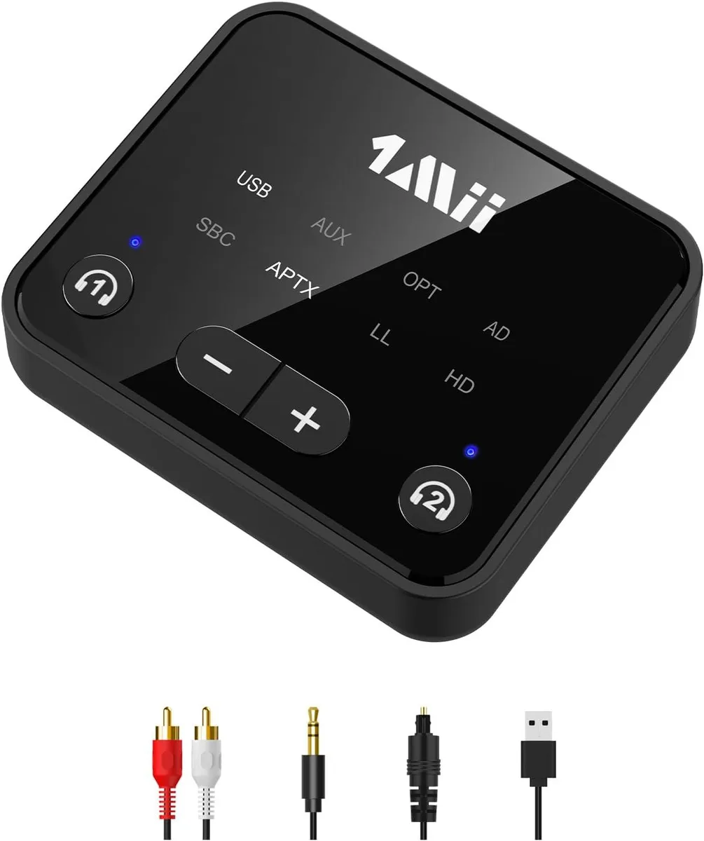 Small black rectangular Bluetooth 5.3 transmitter with volume buttons and multiple audio ports