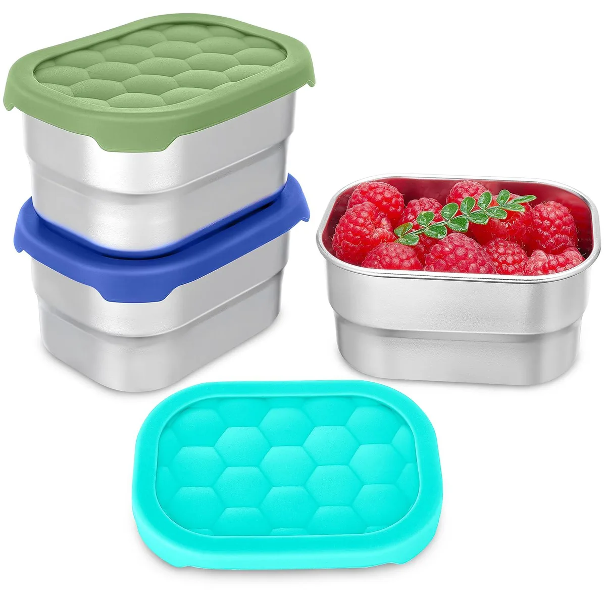 Three small round red stainless steel containers with matching silicone lids, stacked together