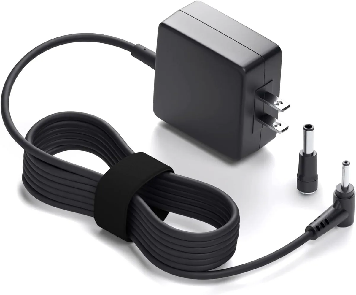 Compact black AC adapter with detachable cable and interchangeable tip