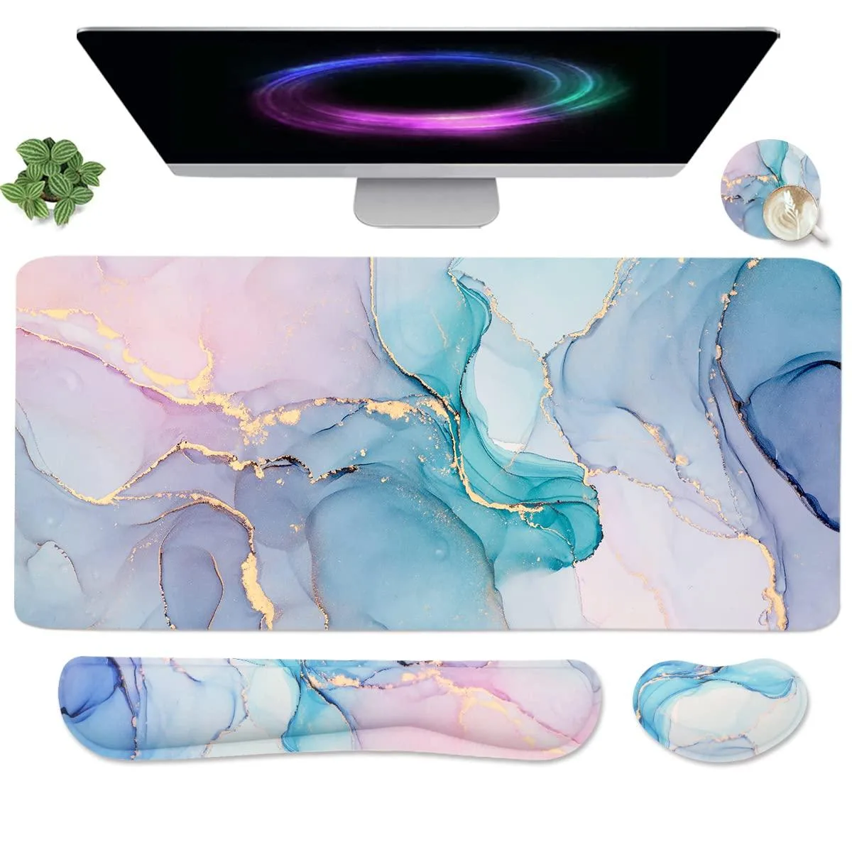  WB WEIRDBEAST 4-in-1 Large Gaming Mouse Pad Set Blue Marble 35.4×15.75 in — product photo