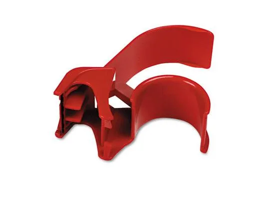 Red handheld tape dispenser with pistol grip and serrated cutter blade