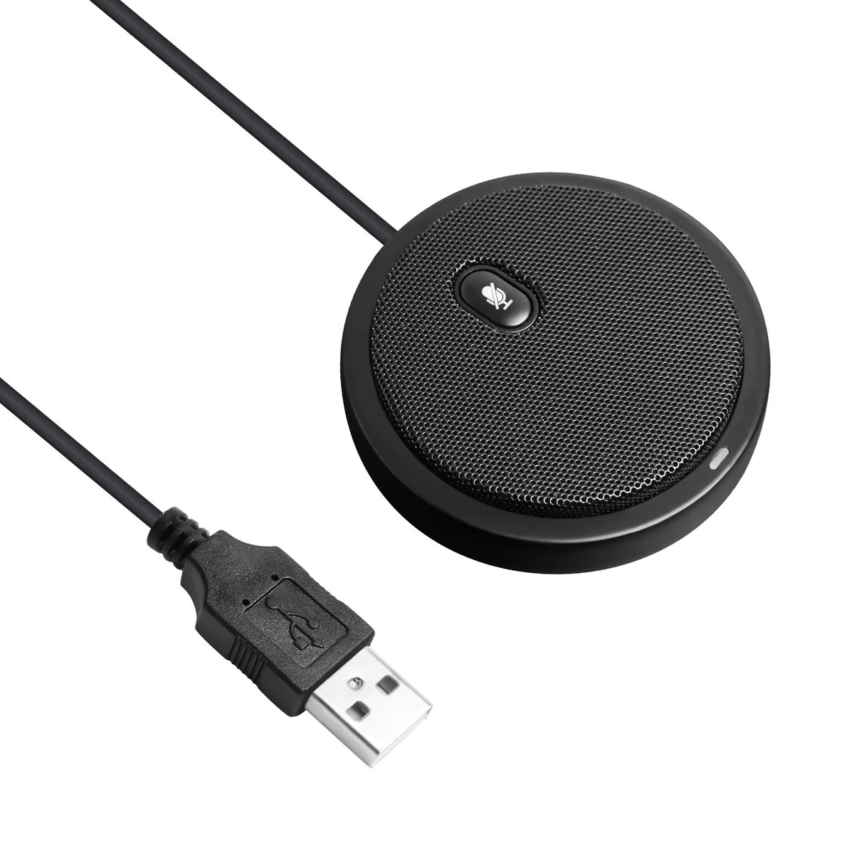 Small black cylindrical desktop microphone with metal mesh grille and flat base, USB cable attached