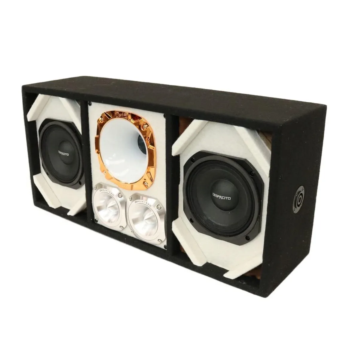 White speaker enclosure with two 6-inch woofers horn and two bullet tweeters