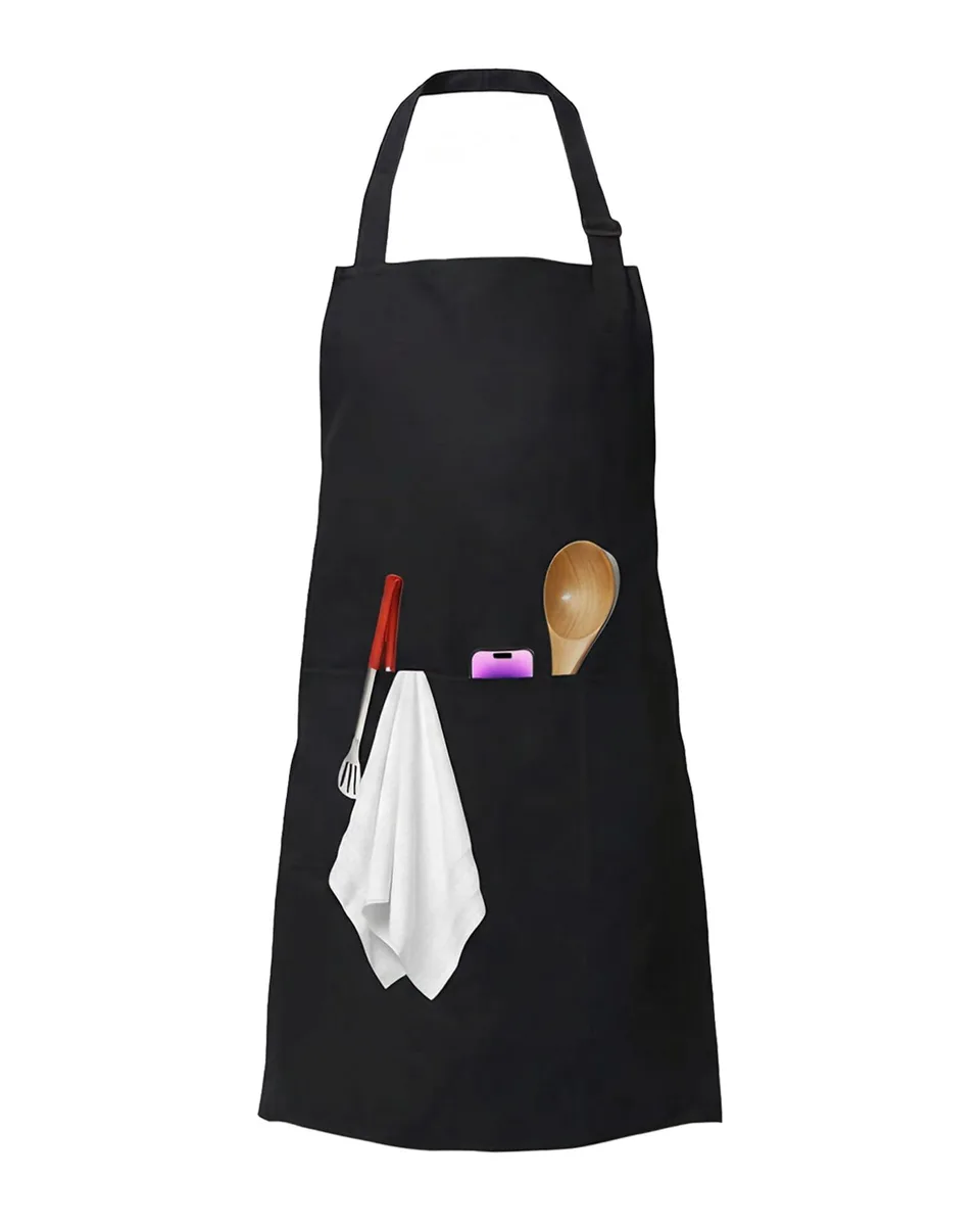 Black polyester bib apron with two front pockets and adjustable neck strap