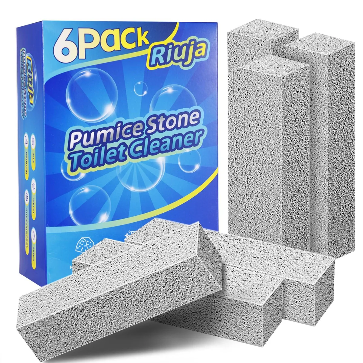 Six grey pumice stones in rectangular packaging