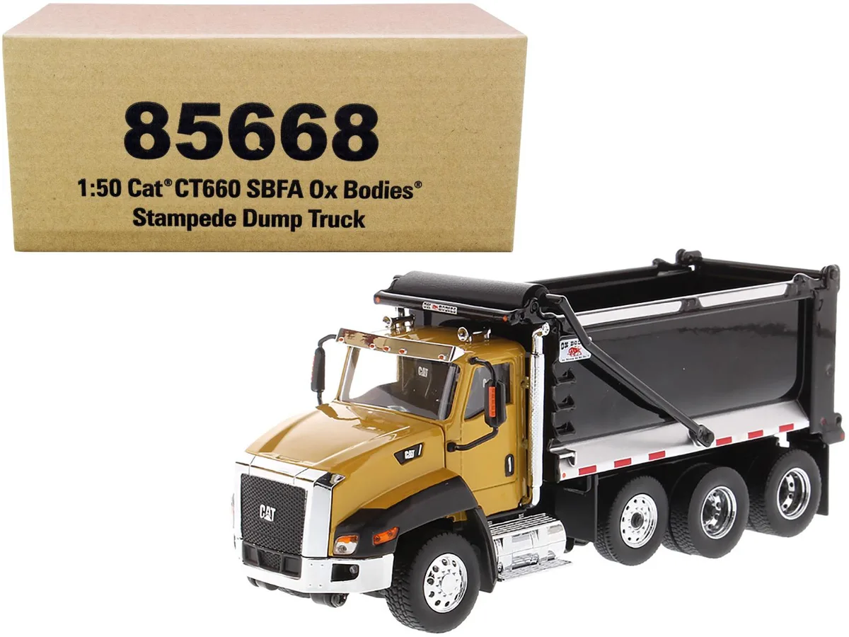 DieCast Masters DieCast Masters CAT CT660 SBFA Ox Bodies Stampede Dump Truck Yellow Black 1/50 — product photo
