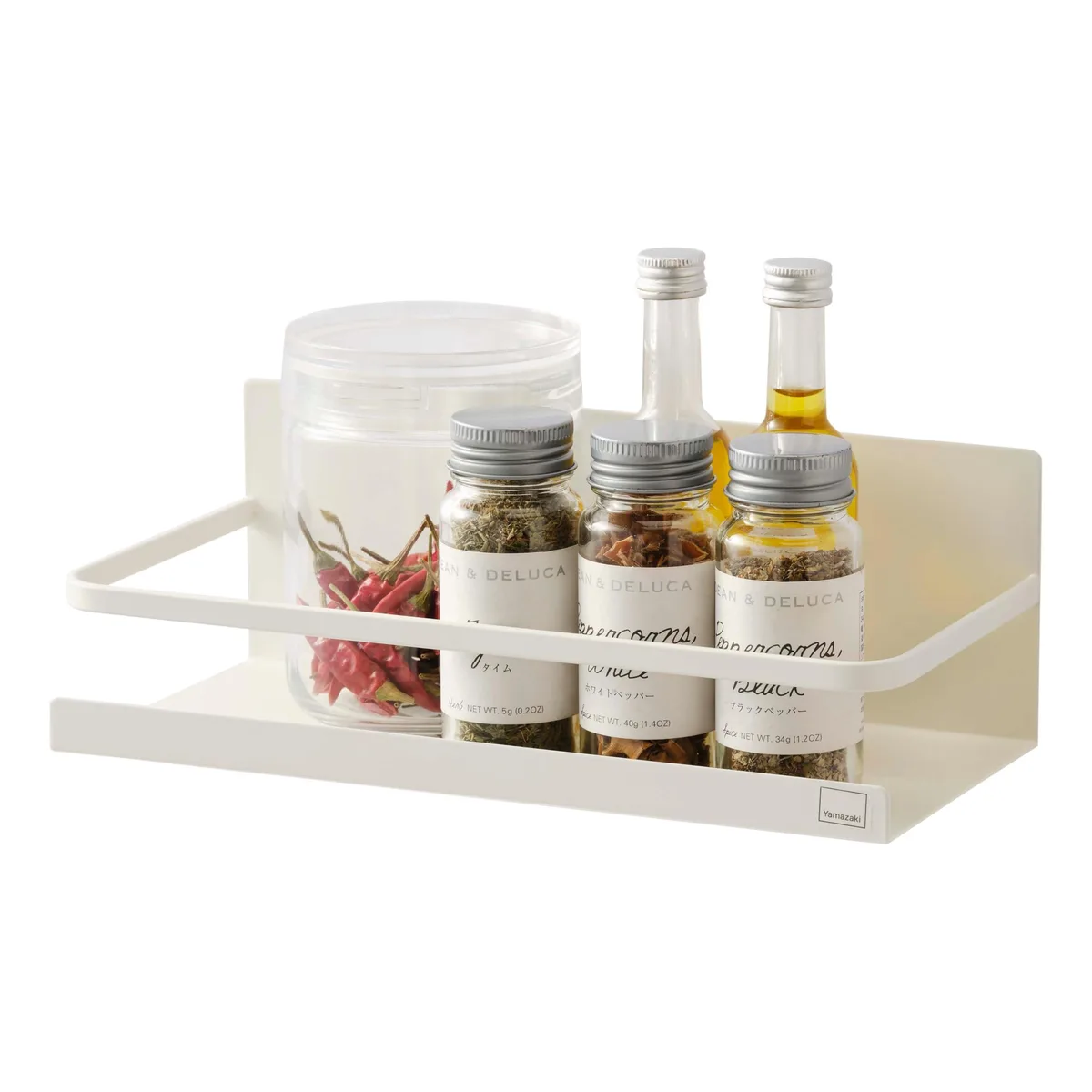 Red two-tier steel magnetic spice rack, thirty-four inches wide, modern style