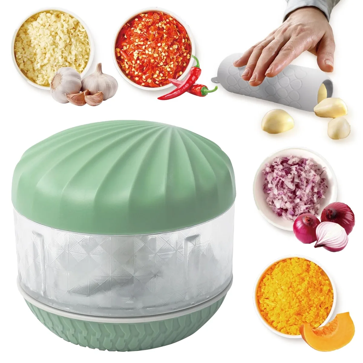 Green plastic garlic press with peeler, cube shaped, 3.9 in