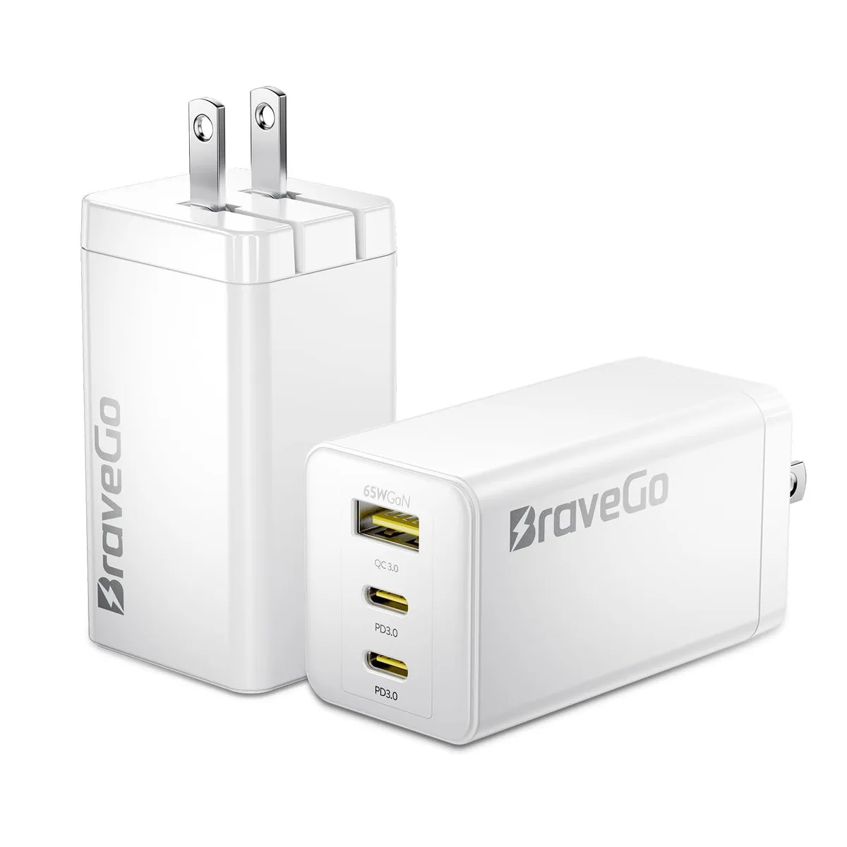 Compact 65W GaN charger with foldable plug and three ports