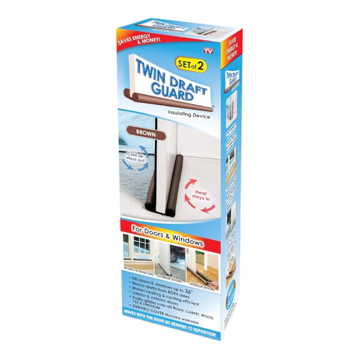 Brown fabric Twin Draft Guard door insulator with foam tubes visible