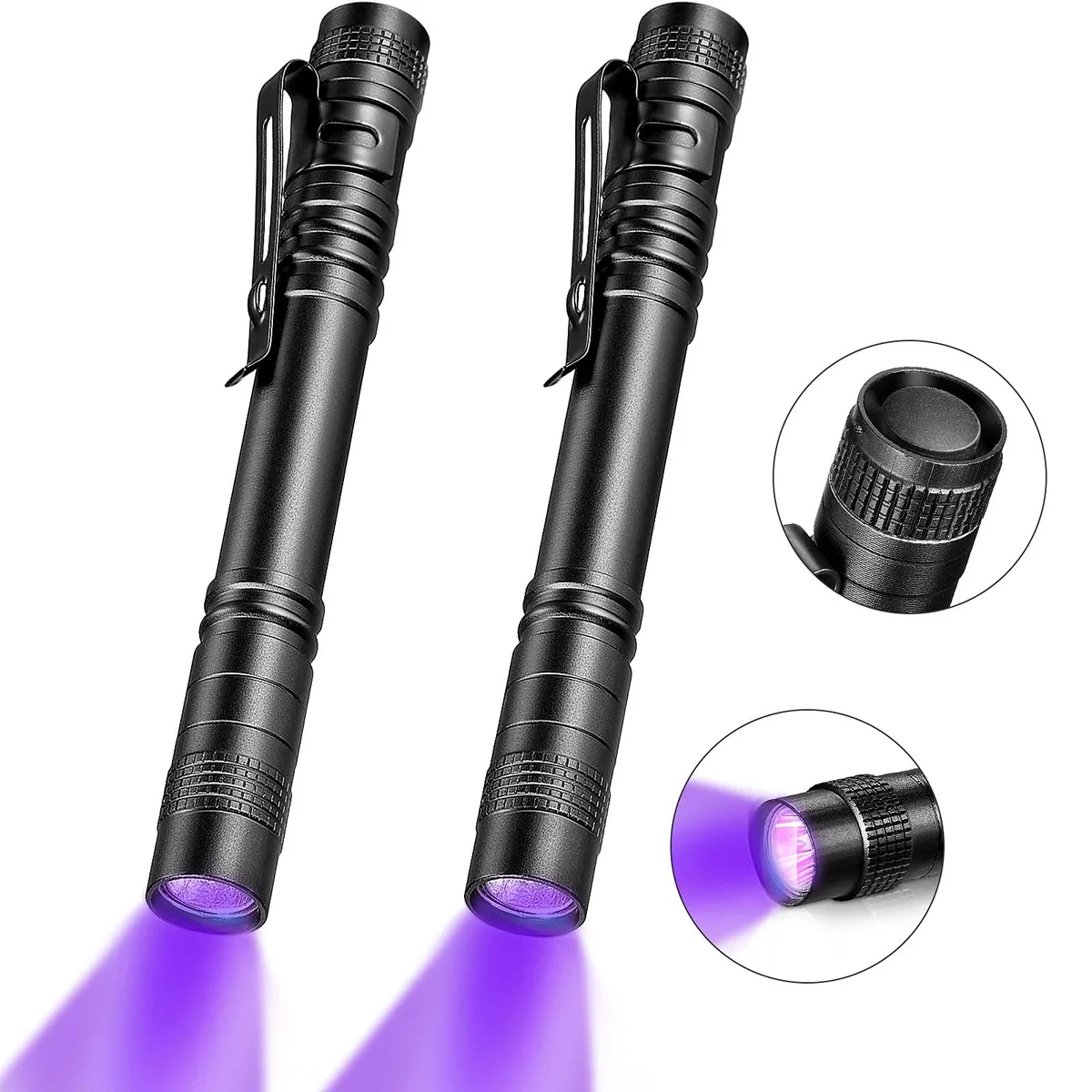 Two slim aluminium UV penlights, 5.2 inches long, matte finish with pocket clips