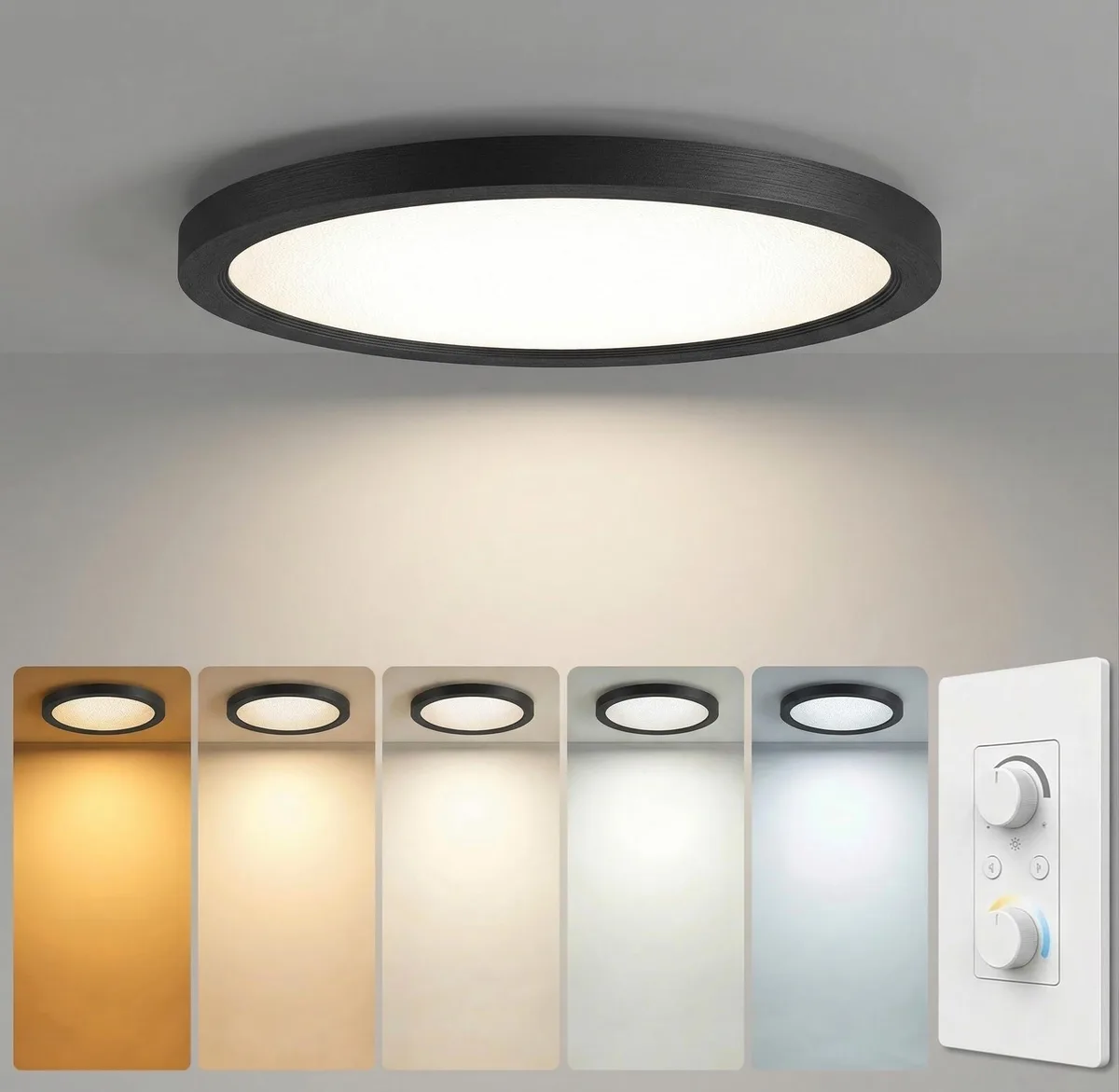 Black 12-inch flush-mount LED ceiling light with clear prismatic acrylic diffuser