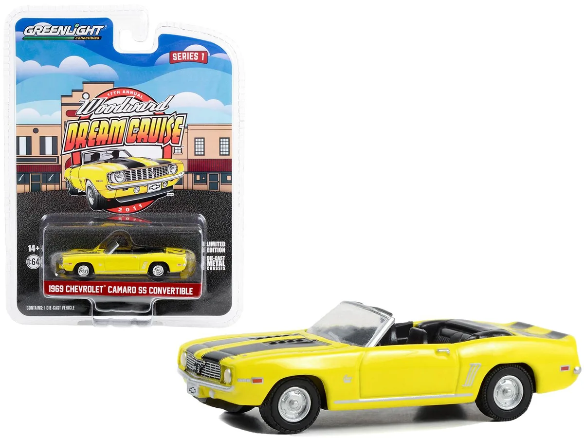GREENLIGHT GREENLIGHT 1969 Chevrolet Camaro SS Convertible Yellow/Black Stripes 1/64 Diecast — product photo