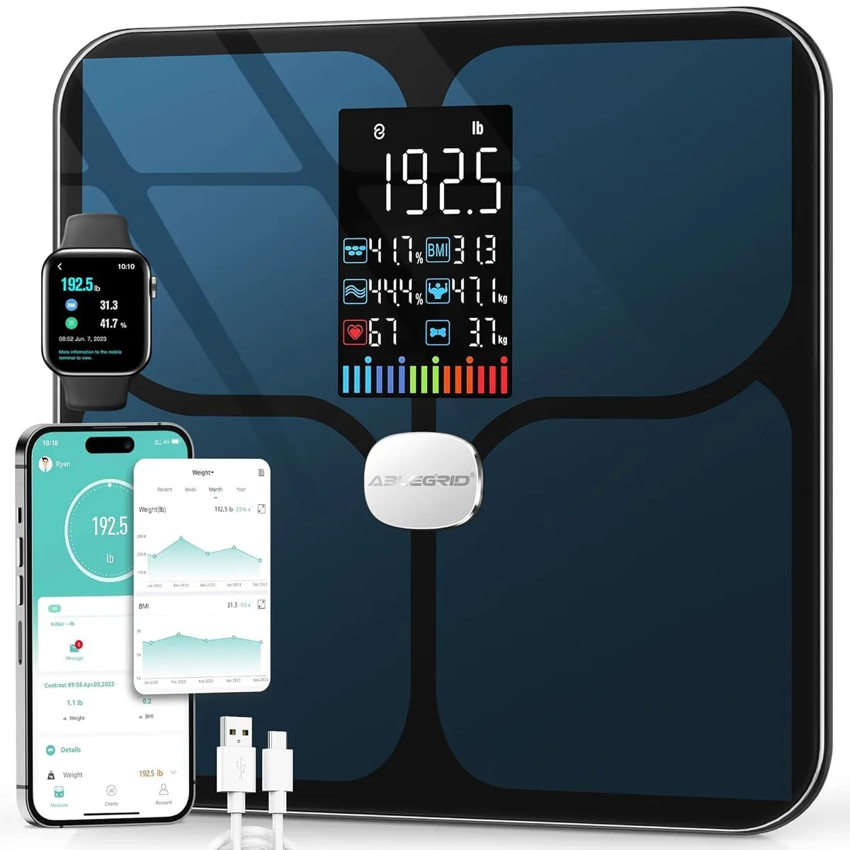 Black square countertop scale 10.6 in wide 1.4 in thick large color display 400 lbs capacity