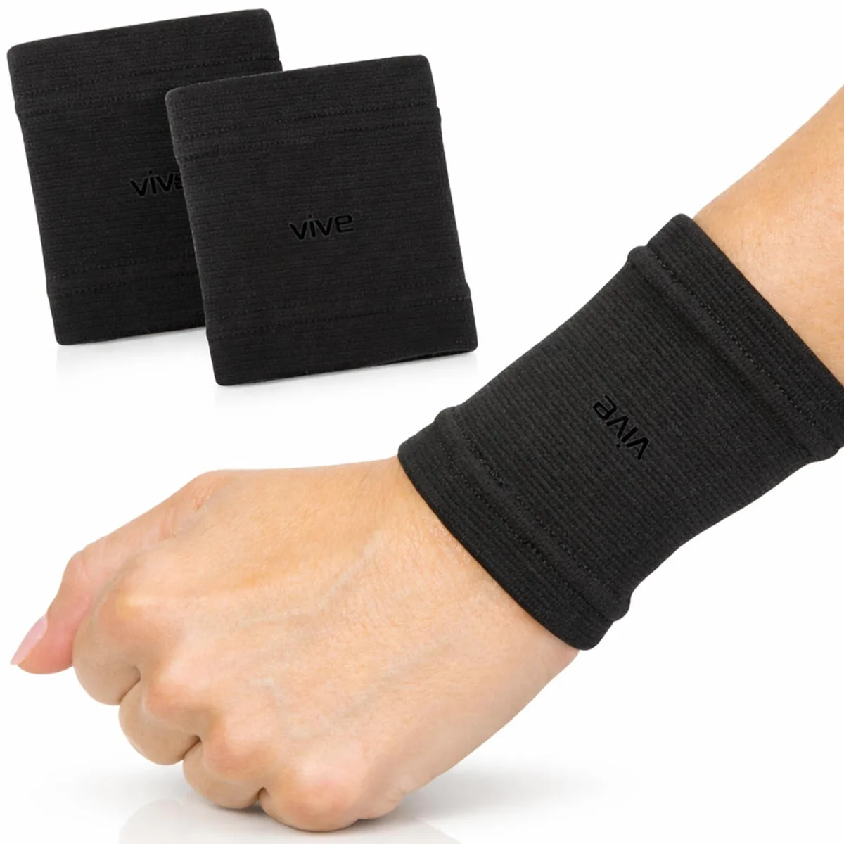 A pair of black elastic wrist compression sleeves in large size