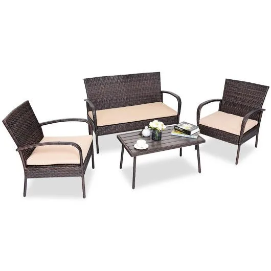 SlickBlue SlickBlue 4‑Piece Brown PE Rattan Patio Furniture Set with White Cushions — product photo