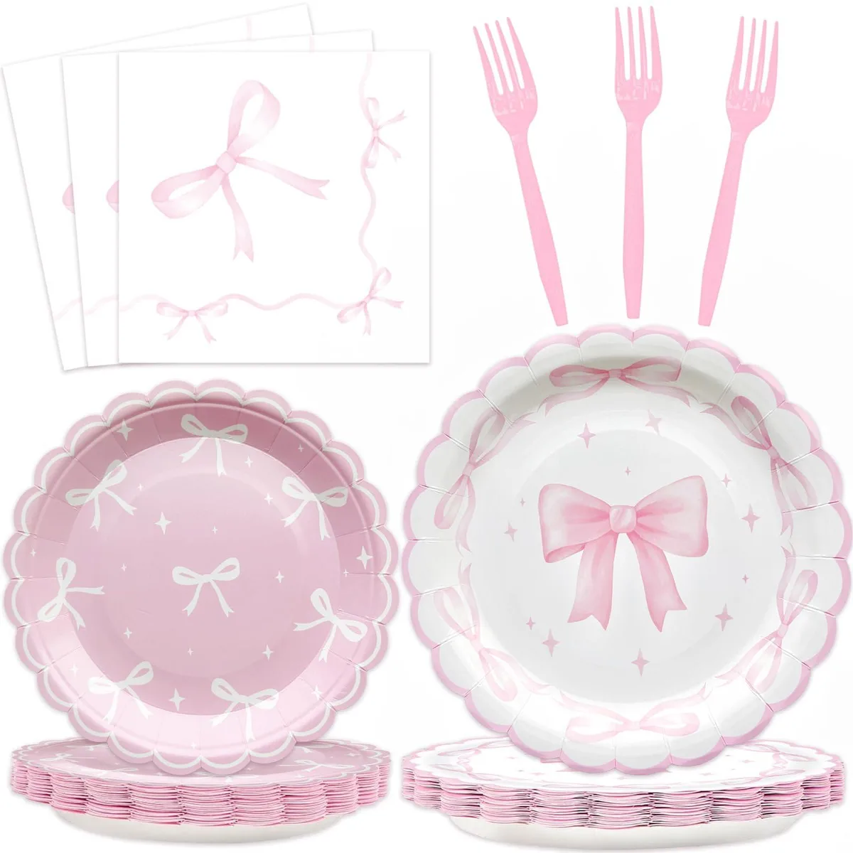96-piece pink bow flatware set in polished silver stainless steel with floral handles