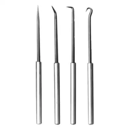 Four steel picks and hooks with aluminum handles in transparent packaging